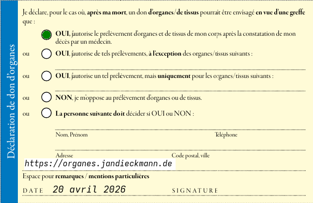 Carte de donneur d'organes, page 2