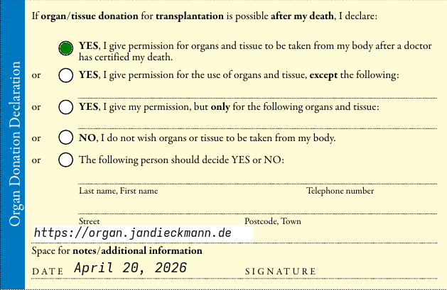 Organ Donor Card, page 2